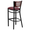 HERCULES Series Black Slat Back Metal Restaurant Barstool - Mahogany Wood Back, Burgundy Vinyl Seat - Back