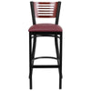 HERCULES Series Black Slat Back Metal Restaurant Barstool - Mahogany Wood Back, Burgundy Vinyl Seat - Front