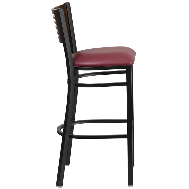 HERCULES Series Black Slat Back Metal Restaurant Barstool - Walnut Wood Back, Burgundy Vinyl Seat - Side