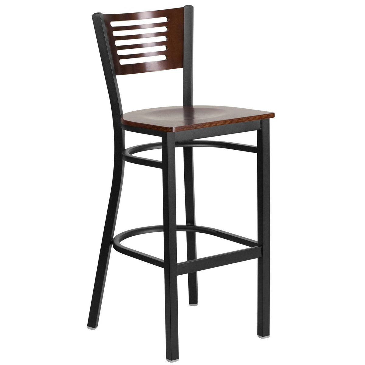 HERCULES Series Black Slat Back Metal Restaurant Barstool Walnut Woo