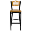 HERCULES Series Black Slat Back Metal Restaurant Barstool - Natural Wood Back & Seat - Front