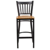 HERCULES Series Black Vertical Back Metal Restaurant Barstool - Natural Wood Seat - Front