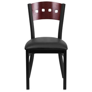 HERCULES Series Black 4 Square Back Metal Restaurant Chair - Mahogany Wood Back, Black Vinyl Seat - Front