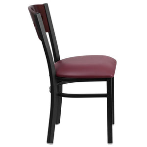 HERCULES Series Black 4 Square Back Metal Restaurant Chair - Mahogany Wood Back, Burgundy Vinyl Seat - Side
