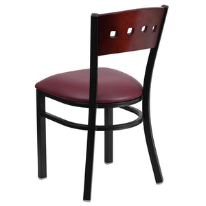 HERCULES Series Black 4 Square Back Metal Restaurant Chair - Mahogany Wood Back, Burgundy Vinyl Seat - Back