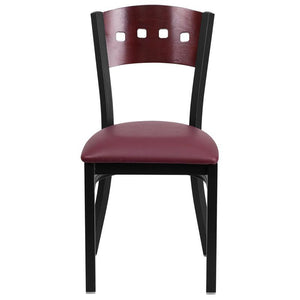 HERCULES Series Black 4 Square Back Metal Restaurant Chair - Mahogany Wood Back, Burgundy Vinyl Seat - Front