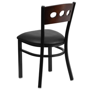HERCULES Series Black 3 Circle Back Metal Restaurant Chair - Walnut Wood Back, Black Vinyl Seat - Back