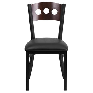 HERCULES Series Black 3 Circle Back Metal Restaurant Chair - Walnut Wood Back, Black Vinyl Seat - Front