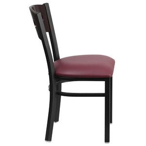 HERCULES Series Black 3 Circle Back Metal Restaurant Chair - Walnut Wood Back, Burgundy Vinyl Seat - Side