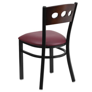 HERCULES Series Black 3 Circle Back Metal Restaurant Chair - Walnut Wood Back, Burgundy Vinyl Seat - Back