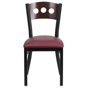 HERCULES Series Black 3 Circle Back Metal Restaurant Chair - Walnut Wood Back, Burgundy Vinyl Seat - Front