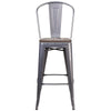 30" High Clear Coated Barstool with Back and Wood Seat