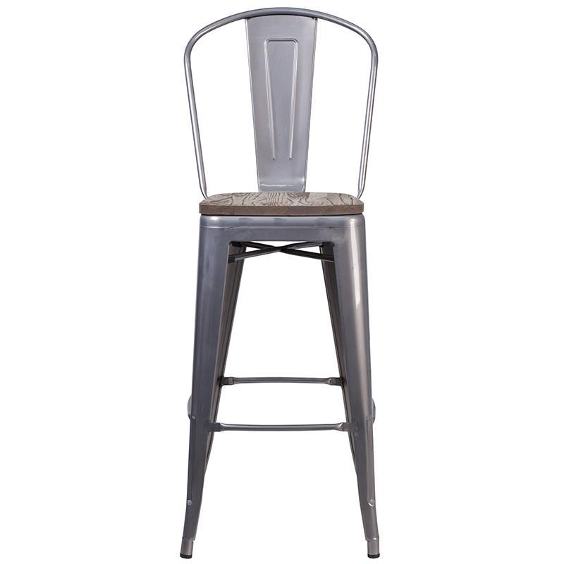 30" High Clear Coated metal bar stool with Back and Wood Seat