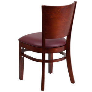 Lacey Series Solid Back Mahogany Wood Restaurant Chair - Burgundy Vinyl Seat