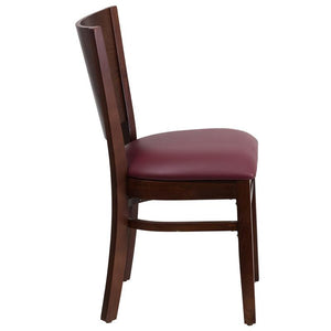 Lacey Series Solid Back Walnut Wood Restaurant Chair - Burgundy Vinyl Seat 1