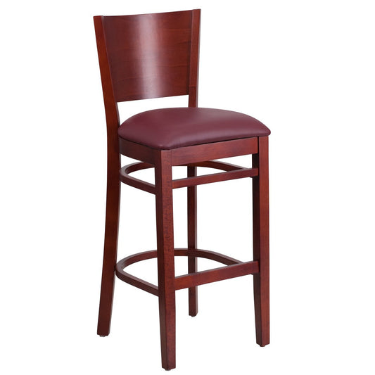 LACEY Series Solid Back Mahogany Wood Restaurant Barstool - Burgundy Vinyl Seat
