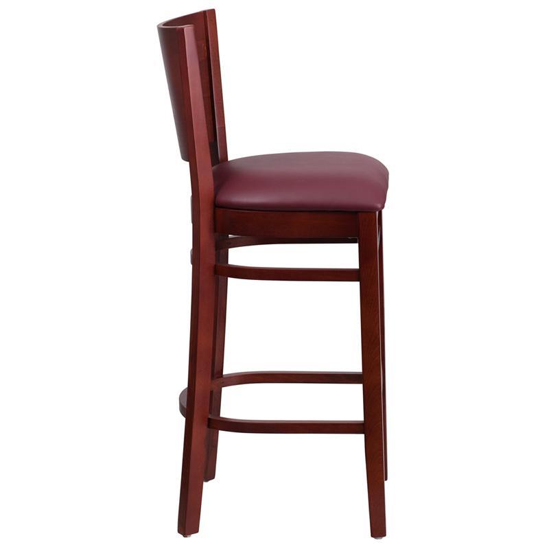 LACEY Series Solid Back Mahogany Wood Restaurant Barstool - Burgundy Vinyl Seat 2
