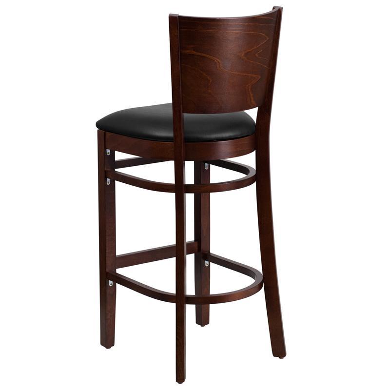 LACEY Series Solid Back Walnut Wood Restaurant Barstool Black Vinyl