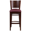 LACEY Series Solid Back Walnut Wood Restaurant Barstool - Burgundy Vinyl Seat