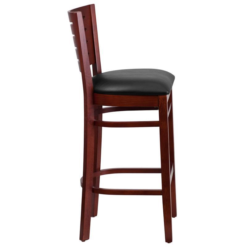 DARBY Series Slat Back Mahogany Wood Restaurant Barstool - Black Vinyl Seat