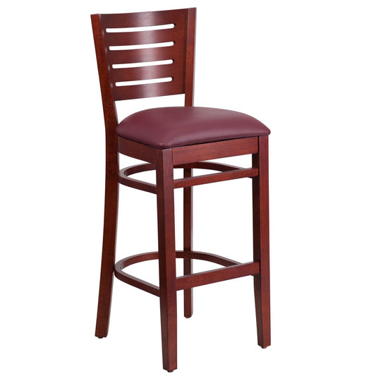 DARBY Series Slat Back Mahogany Wood Restaurant Barstool - Burgundy Vinyl Seat