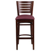 DARBY Series Slat Back Walnut Wood Restaurant Barstool - Burgundy Vinyl Seat