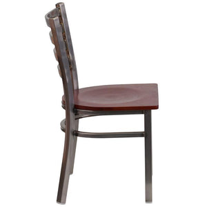 Heavy Duty Clear Coated Ladder Back Metal Restaurant Chair - Mahogany Wood Seat - Side