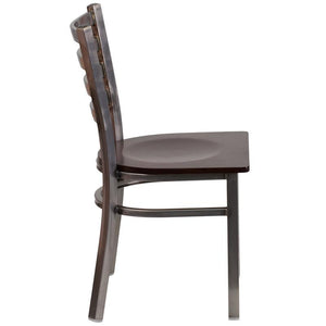 Heavy Duty Clear Coated Ladder Back Metal Restaurant Chair - Walnut Wood Seat - Side