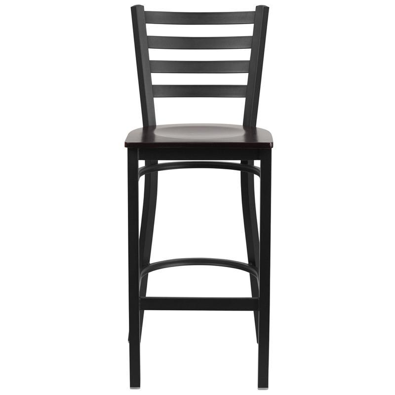 Heavy Duty Black Ladder Back Metal Restaurant Barstool - Walnut Wood Seat Front