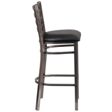 Load image into Gallery viewer, Heavy Duty Clear Coat Ladder Back Metal Restaurant Barstool with Black Vinyl Seat - Side