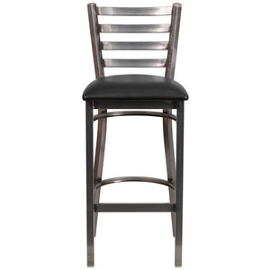 Heavy Duty Clear Coat Ladder Back Metal Restaurant Barstool with Black Vinyl Seat - Front