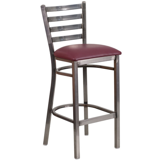 HERCULES Series Clear Coated Ladder Back Metal Restaurant Barstool - Burgundy Vinyl Seat