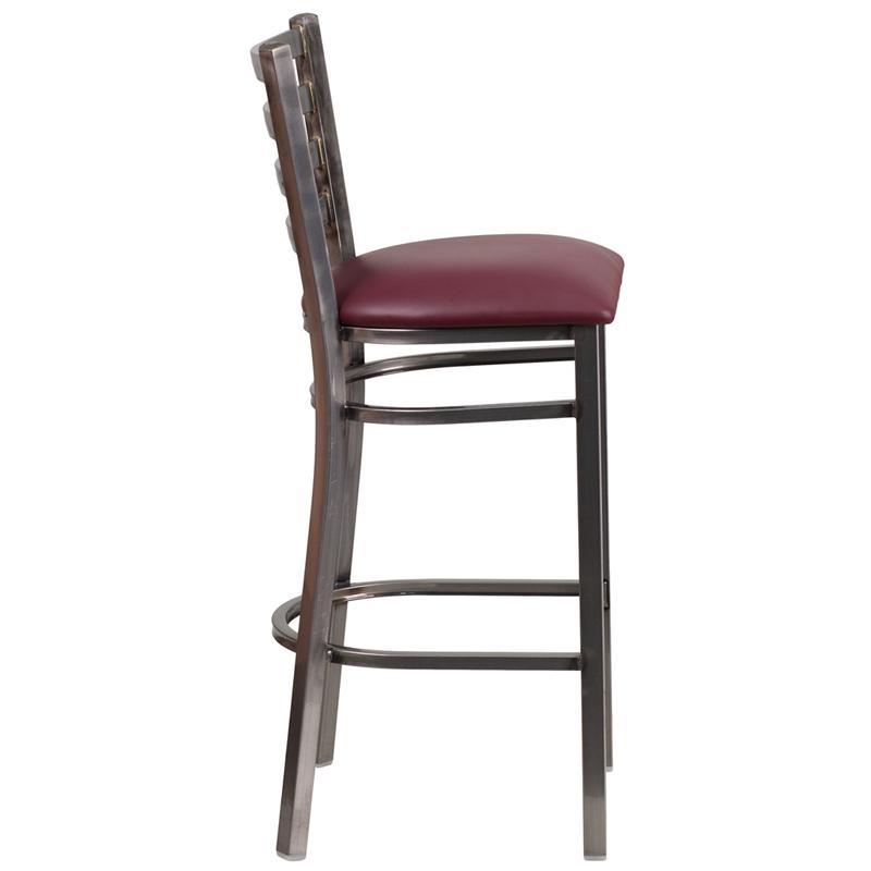Heavy Duty Clear Coated Ladder Back Metal Restaurant Barstool - Burgundy Vinyl Seat - Side