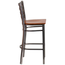 Load image into Gallery viewer, Clear Coated Ladder Back Metal Restaurant Barstool - Cherry Wood Seat - Side