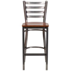 Clear Coated Ladder Back Metal Restaurant Barstool - Cherry Wood Seat - Front