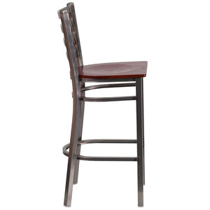 Clear Coated Ladder Back Metal Restaurant Barstool - Mahogany Wood Seat - Side