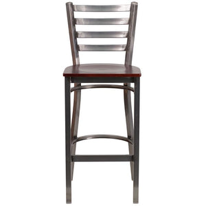Clear Coated Ladder Back Metal Restaurant Barstool - Mahogany Wood Seat - Front