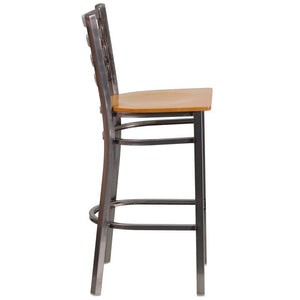 Clear Coated Ladder Back Metal Restaurant Barstool - Natural Wood Seat - Side