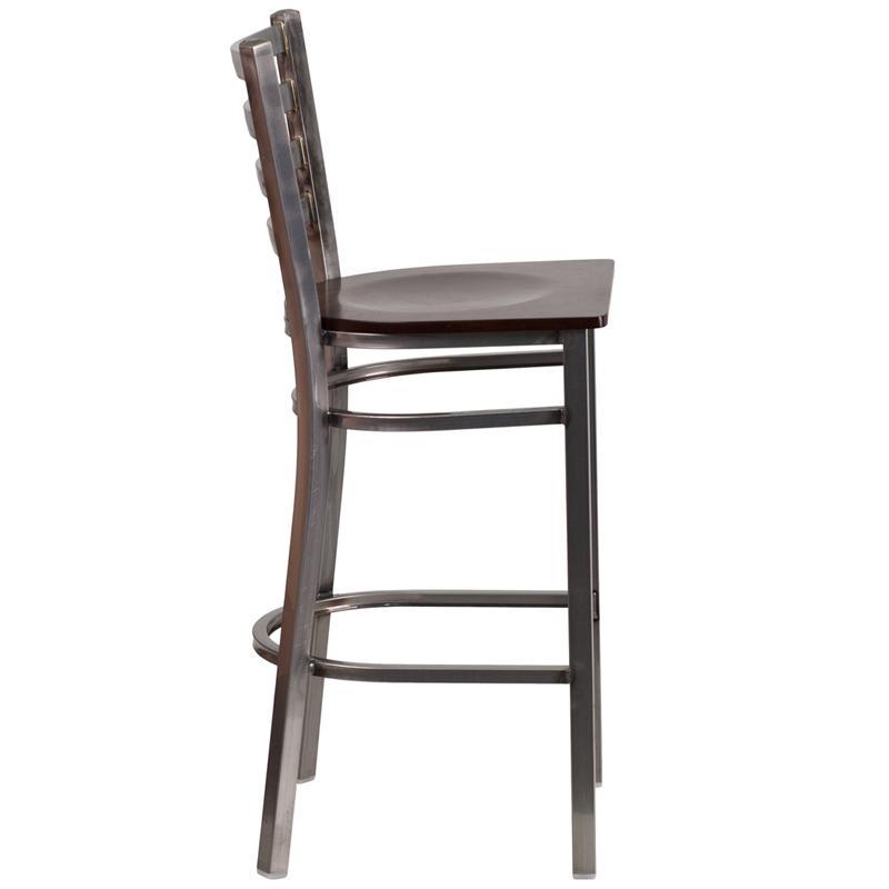 Clear Coated Ladder Back Metal Restaurant Barstool - Walnut Wood Seat - Side