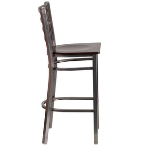 Clear Coated Ladder Back Metal Restaurant Barstool - Walnut Wood Seat - Side