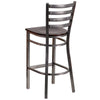 Clear Coated Ladder Back Metal Restaurant Barstool - Walnut Wood Seat - Back