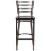 Clear Coated Ladder Back Metal Restaurant Barstool - Walnut Wood Seat - Front