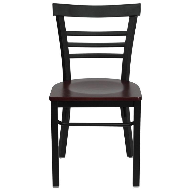 HERCULES Series Black Three-Slat Ladder Back Metal Restaurant Chair - Mahogany Wood Seat - Front