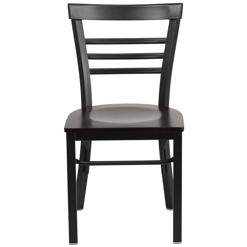 HERCULES Series Black Three-Slat Ladder Back Metal Restaurant Chair - Walnut Wood Seat - Front