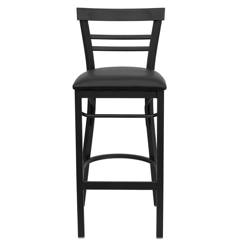 HERCULES Series Black Two-Slat Ladder Back Metal Restaurant Barstool - Black Vinyl Seat - Front