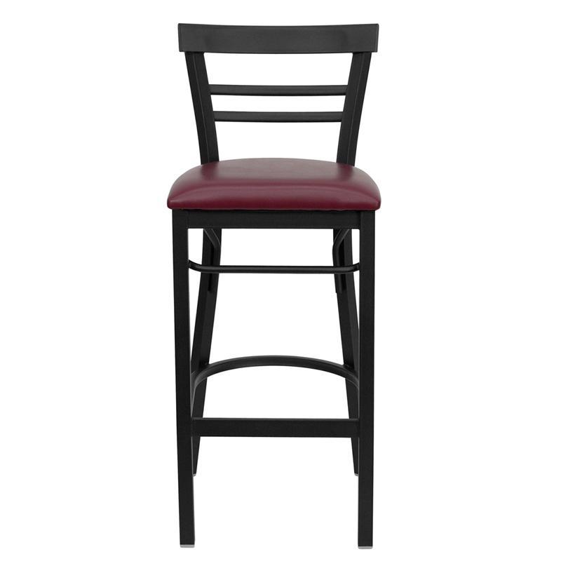 HERCULES Series Black Two-Slat Ladder Back Metal Restaurant Barstool - Burgundy Vinyl Seat - Front