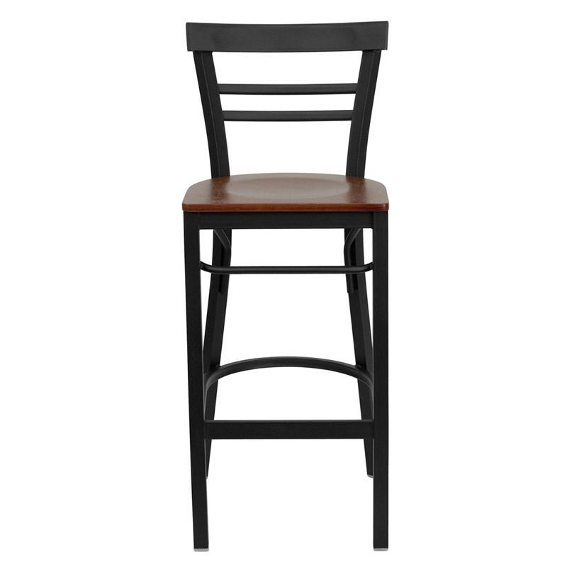 HERCULES Series Black Two-Slat Ladder Back Metal Restaurant Barstool - Cherry Wood Seat - Front