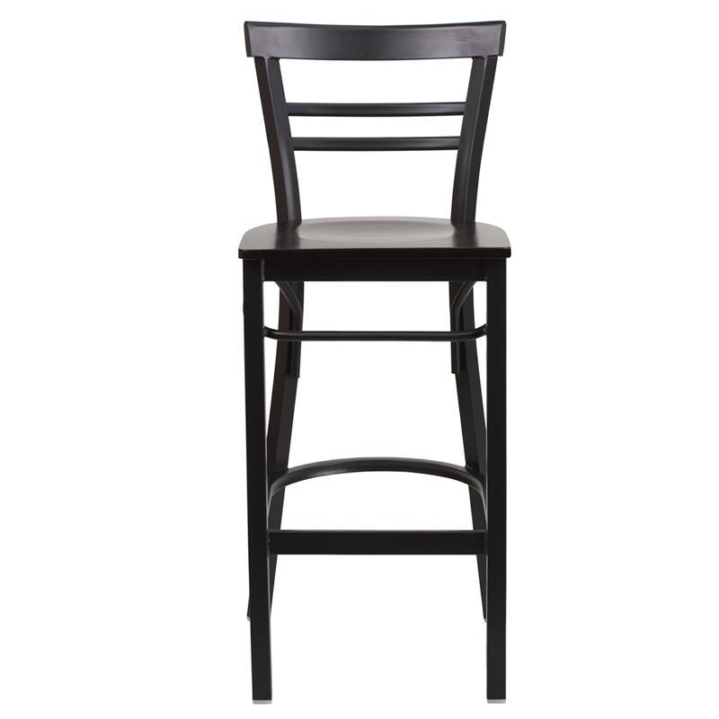 HERCULES Series Black Two-Slat Ladder Back Metal Restaurant Barstool - Walnut Wood Seat - Front
