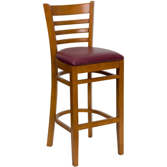HERCULES Series Ladder Back Cherry Wood Restaurant Barstool - Burgundy Vinyl Seat