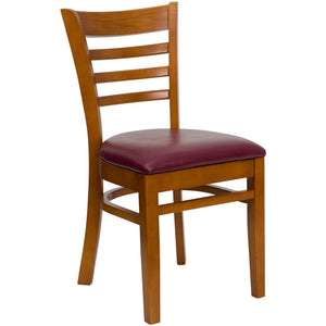 HERCULES Series Ladder Back Cherry Wood Restaurant Chair - Burgundy Vinyl Seat